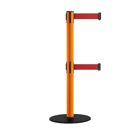 Retractable Dbl Belt 2.5 Orange Post , Low Base, 9' Red Belt